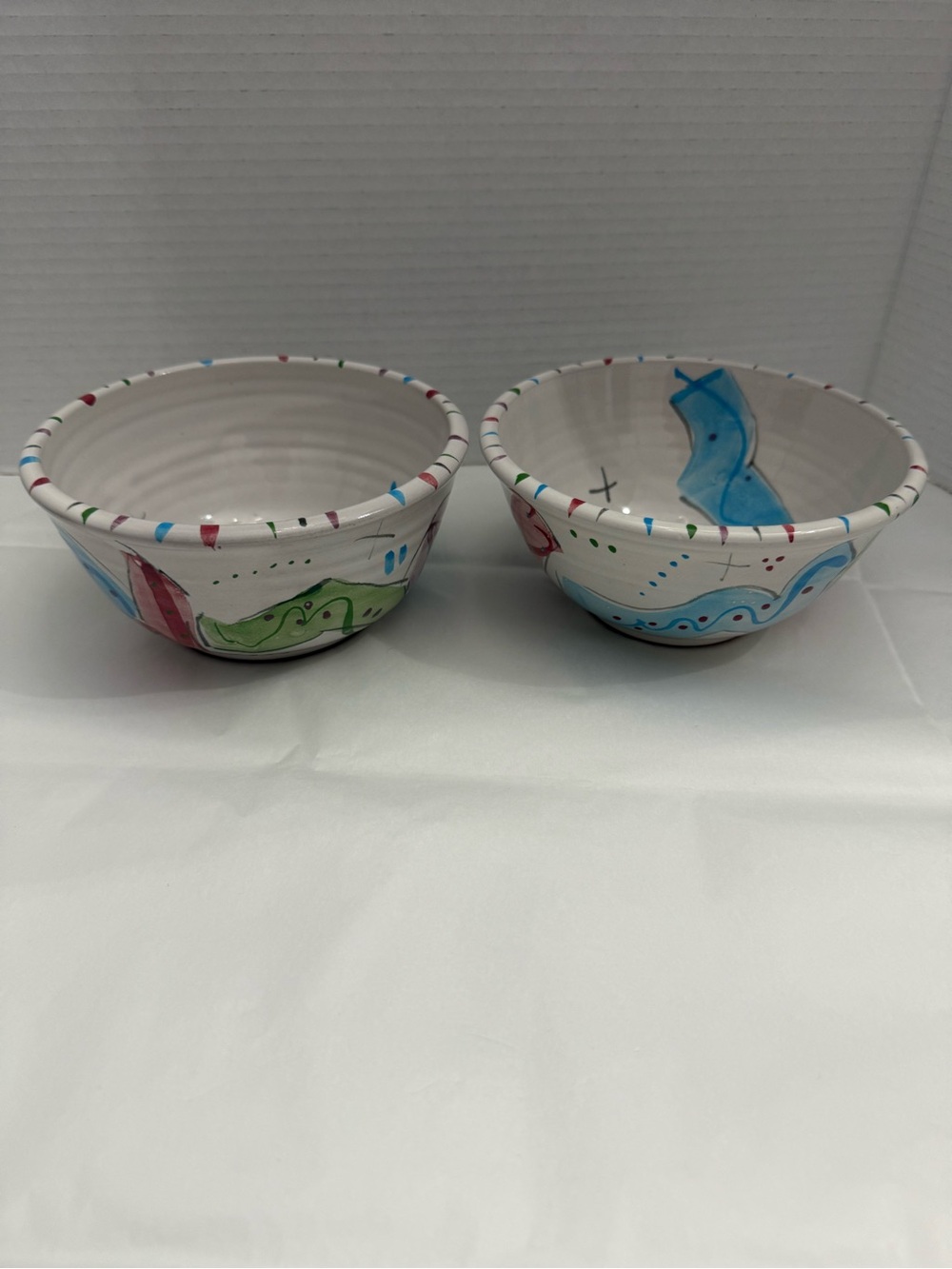 Handmade Studio Pottery Bowls Set of 2 Hand Painted Abstract Art Signed Majolica